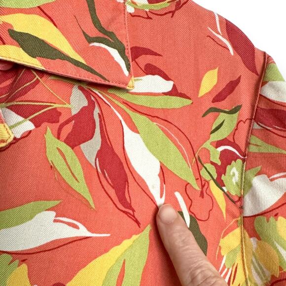 LizGolf 100% Silk Peach Hawaiian Print Structured Button Down Blouse Women's L - Picture 8 of 10